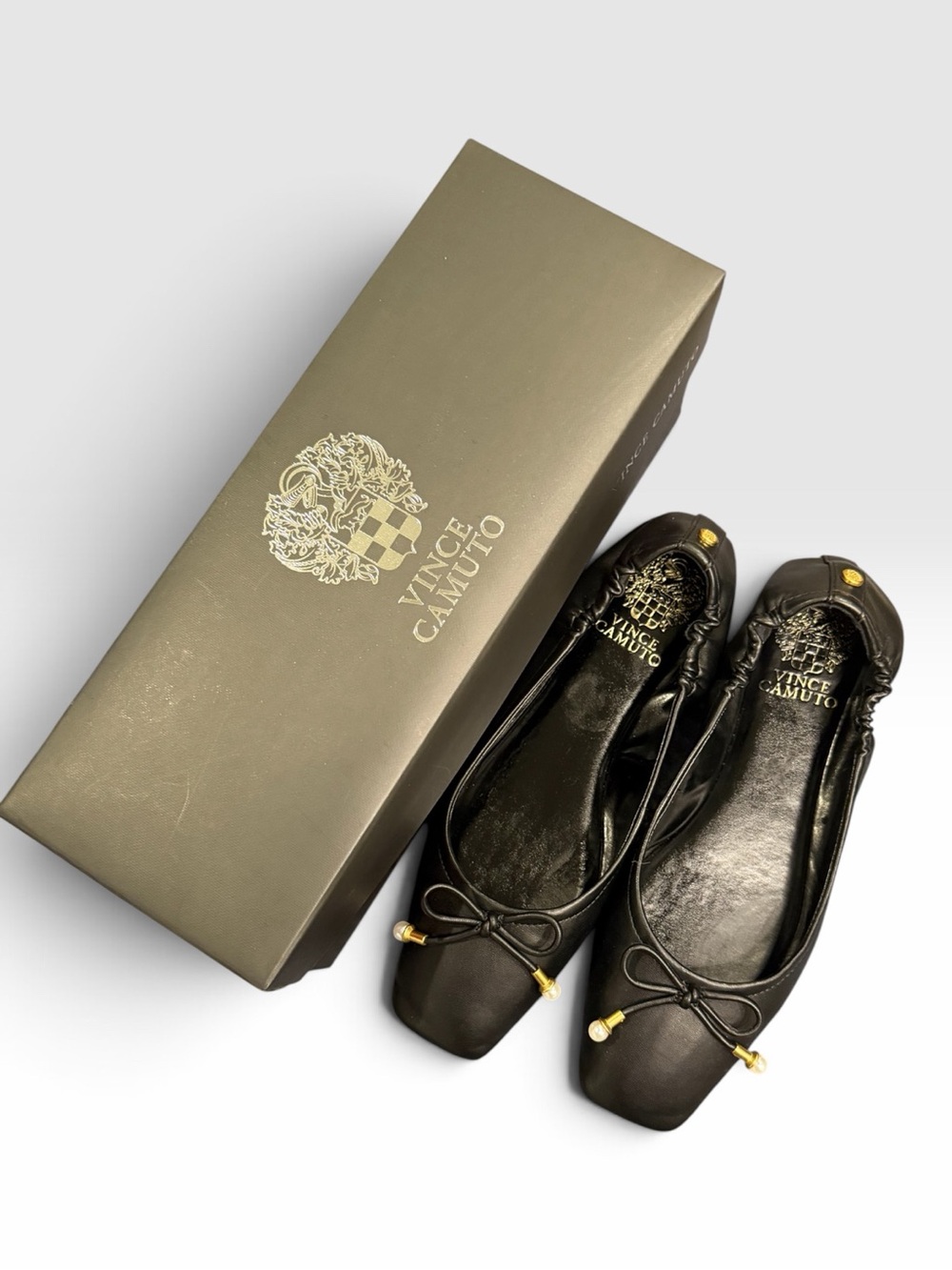 Vince Camuto Black Leather Square Toe Ballet Flats Pearl Bow 7.5
